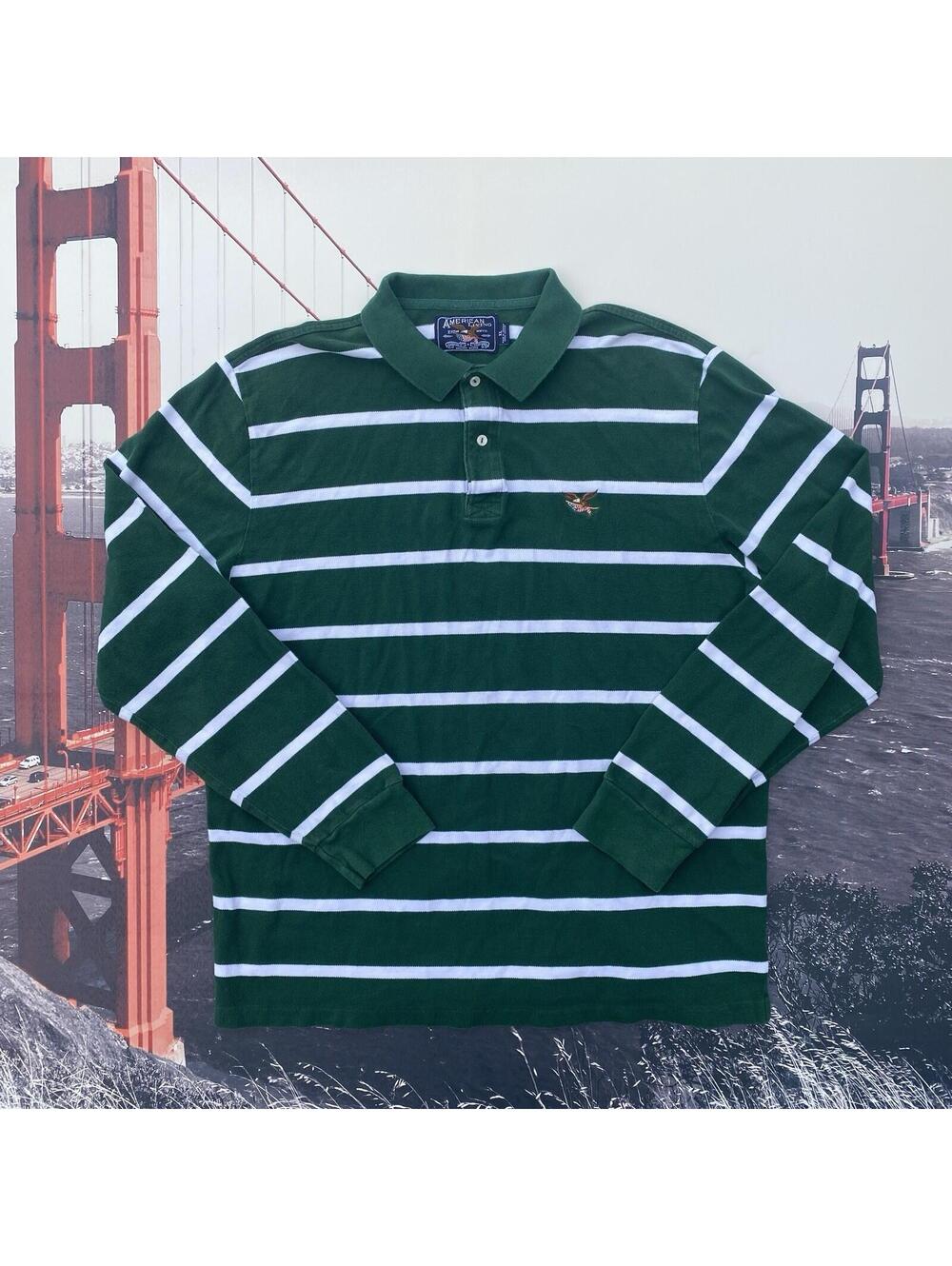 American Living Rugby Shirt Mens Size XL Green Striped Long Sleeve Eagle Flag